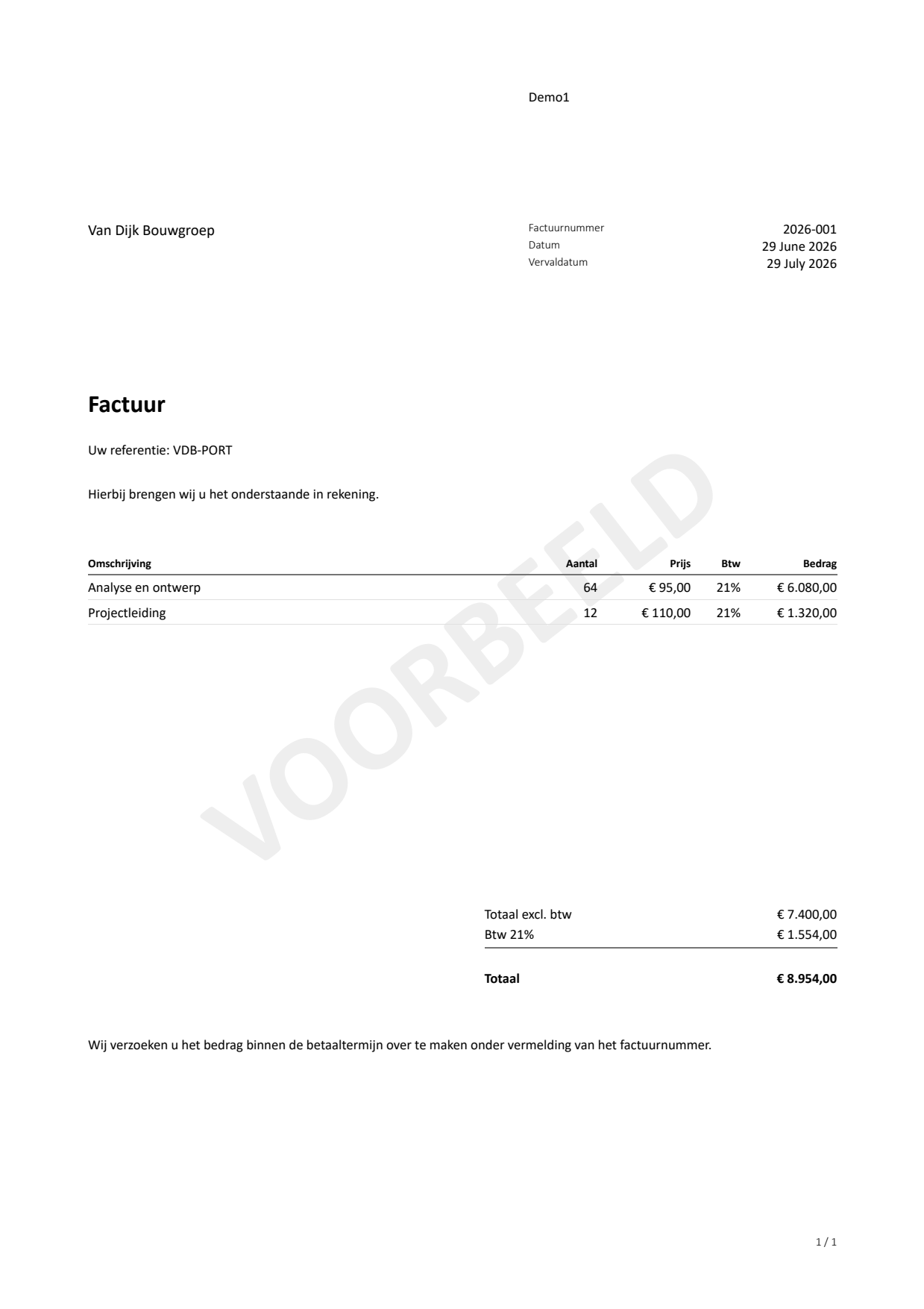 Een factuur uit Oifis: factuurnummer, datum, vervaldatum, twee regels met btw en het totaal